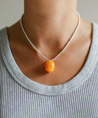 Collar Ambelau Silver Beads Amber Pendant